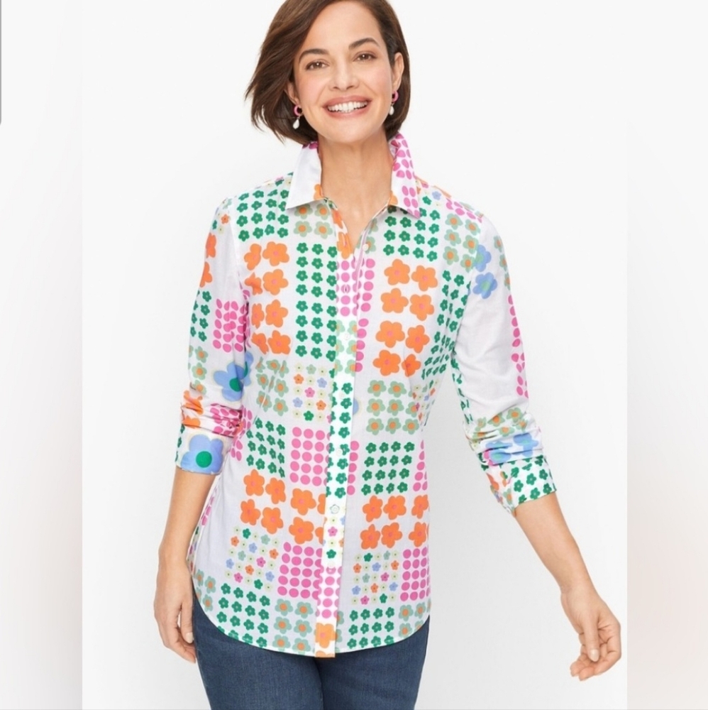 Talbots Retro 70s style colorful Floral Polka Dot 100% Cotton Button Down Shirt
